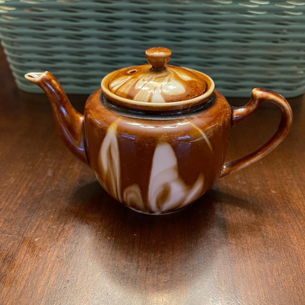 Vintage Brown Drip Cream Swirl Glaze Ceramic Teapot